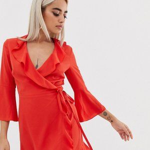 ASOS Petite ruffle wrap dress with fluted sleeve in red